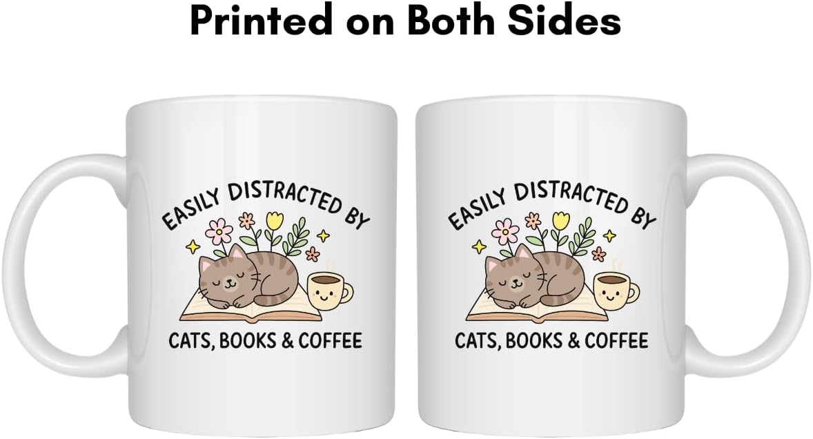 EZCLASSY-Cute Cat Books Coffee Mug – Funny Reading Lover Gift for Women, Cat Moms & Bookworms, Cozy 11oz Ceramic Cup for Home Office