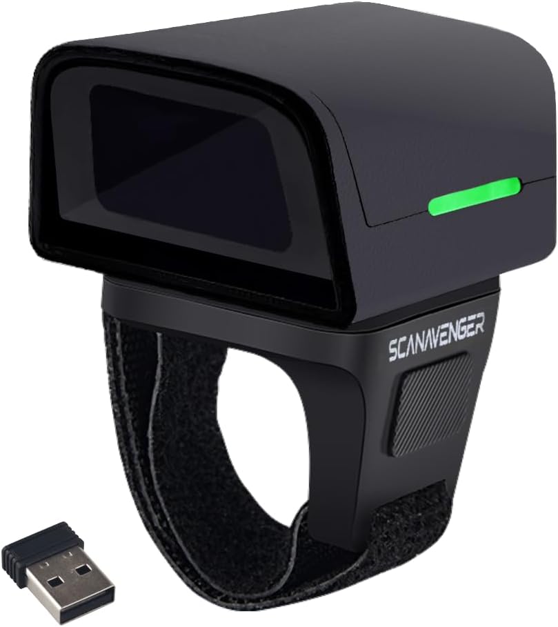 ScanAvenger 1D 2D QR Ring Barcode Scanner – Wearable Mini Bluetooth Wireless Finger Reader, USB & 2.4GHz, Compatible with iOS, Android, Windows, for Warehouse, Store & Inventory Use