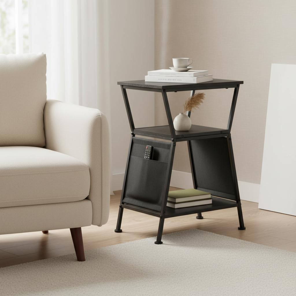 End Table with Storage Bag, Three-Tier Trapezoidal Side Table with Storage Bag, Corner Table Sofa End Table for Living Room Bedroom