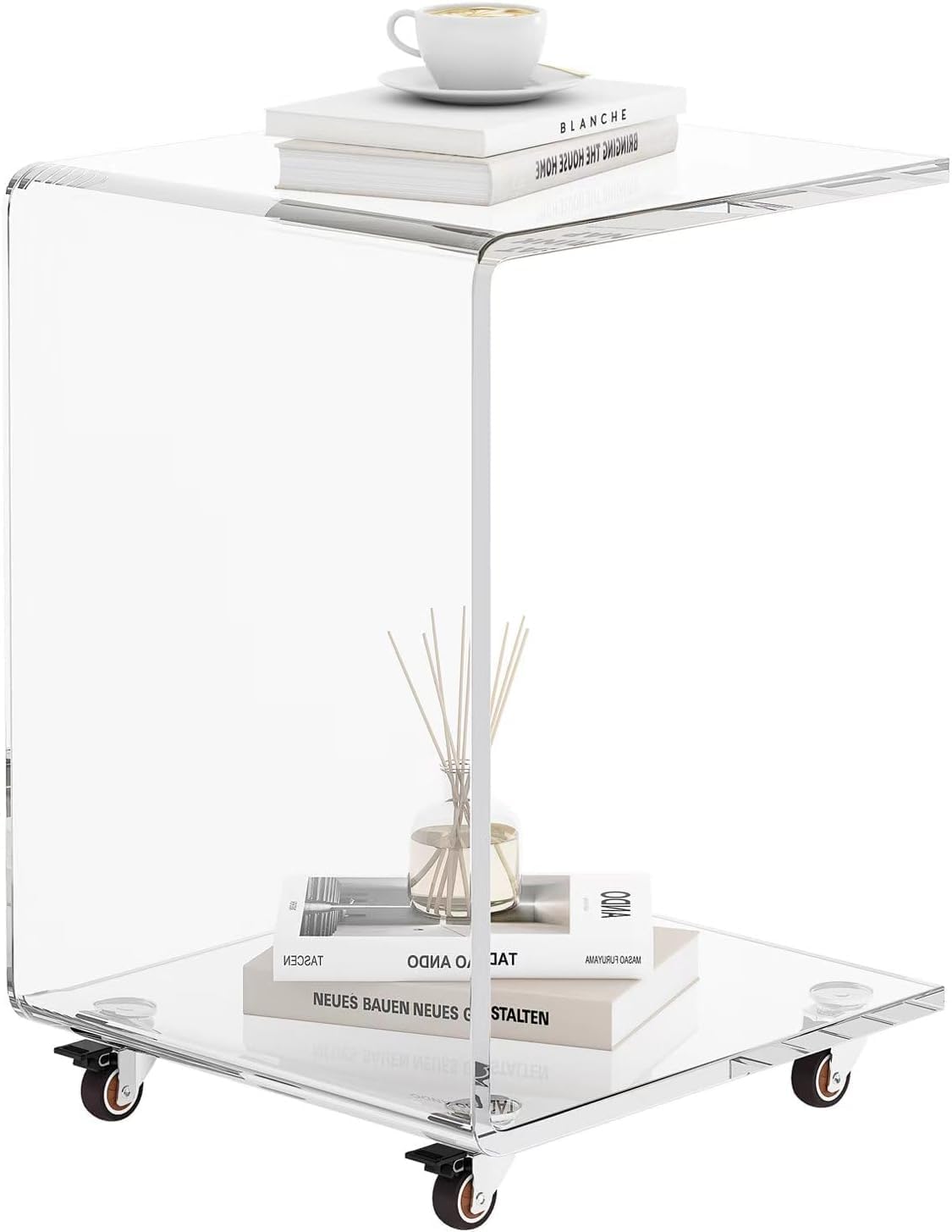 Modern Acrylic Side Table, C-Shaped Sofa Table Nightstand with Storage and Lockable Wheels for Living Room, Bedroom, Office, Bedside, Couch, 13.38" D x 14.17" W x 21.65" H