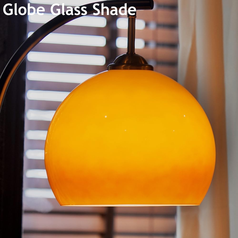Arc Floor Lamp with Wooden Desktop Orange Glass Floor Light Height Adjustable Globe Glass Standing Lamp E26 Dimmable Tall Light for Living Room Bedroom Study Dining Room Reading Room