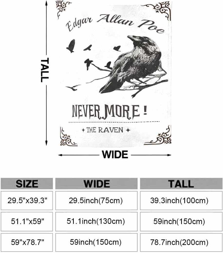 YWMAN Edgar Allan Poe & Raven Fleece Throw Blanket, Gothic Blankets Fuzzy Gifts for Sofa Couch Bedroom (50" x 60", The Raven)