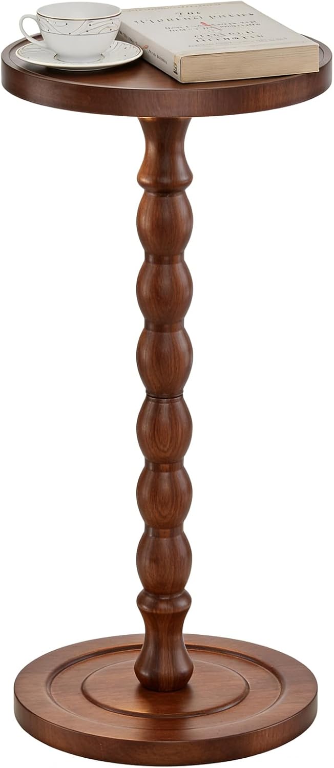 Simple Trending Small Side Table, Round Drink Table for Small Spaces, Pedestal Coffee Table for Living Room, Rustic Brown