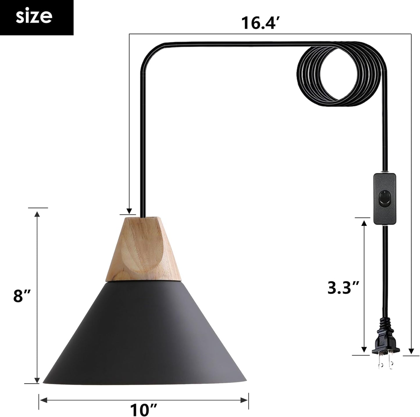 Modern Plug in Pendant Light,Haning Light with 16.4ft Cord, On/Off Switch,Hanging Light with Plug in,Solid Wood,Matte Black