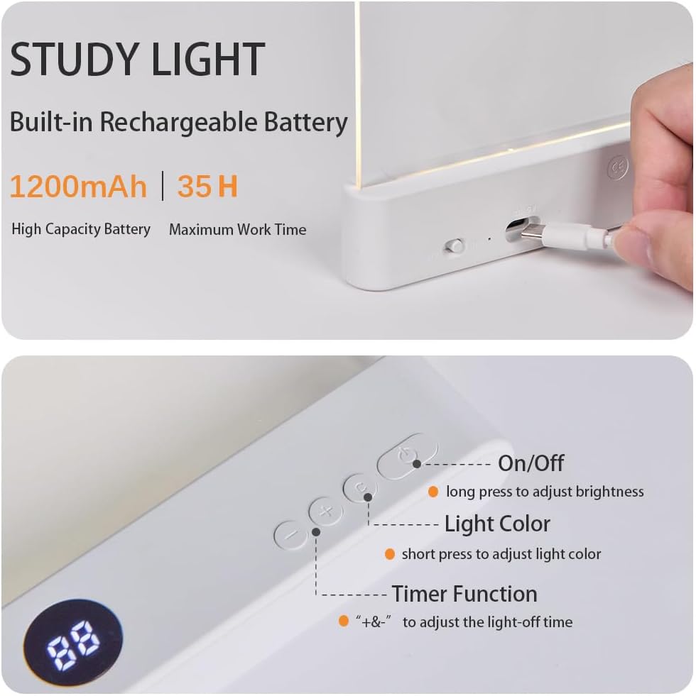 AVEKI Book Light, Dimmable LED Reading Light 3 Color Flat Book Lamp for Reading, Rechargeable Full Page Lights with Timer Portable Bookmark Lights Clip On Study Light for Kids Eye Protection (Pink)