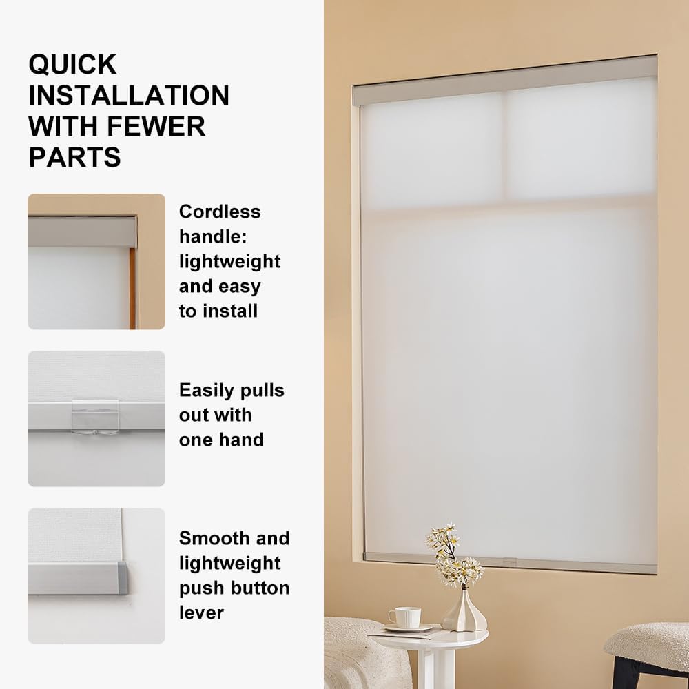 Free Stop Cordless Roller Shades Semi-Opaque Blinds for Windows Room Darkening Rolled Up and Down Shades, UV Protection Window Shades Door Blinds for Home and Office
