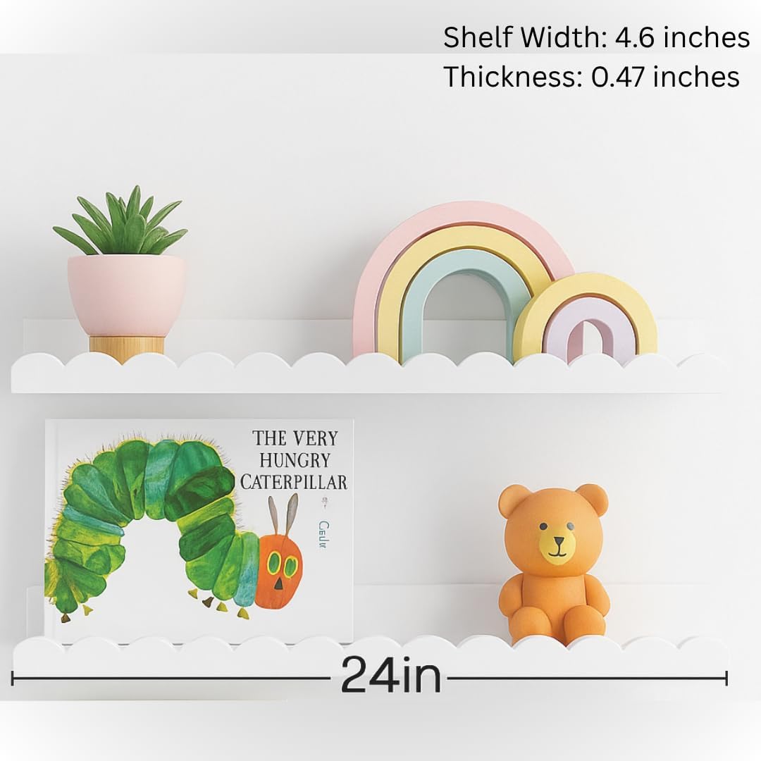 Scalloped Shelves - Set of 4 Pre-Assembled 24inch White Floating Nursery Book Shelves, Scalloped Book Shelf for Kids Rooms - Kids Wall Bookshelf, Nursery Decor, Floating Shelves