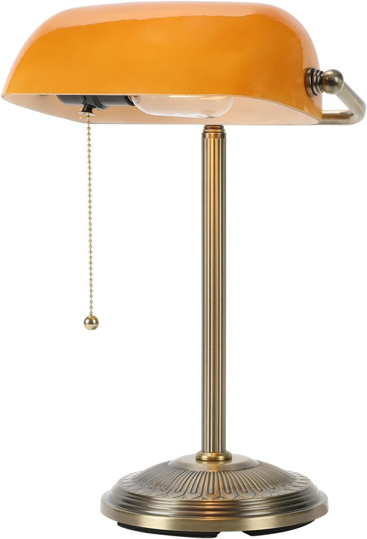 NISSAFORS Bankers Desk Lamp, Amber Glass Shade, Vintage Desk Lamp with Pull Chain Switch, Retro Table Lamps for Home Office (Brass+Amber, Small)