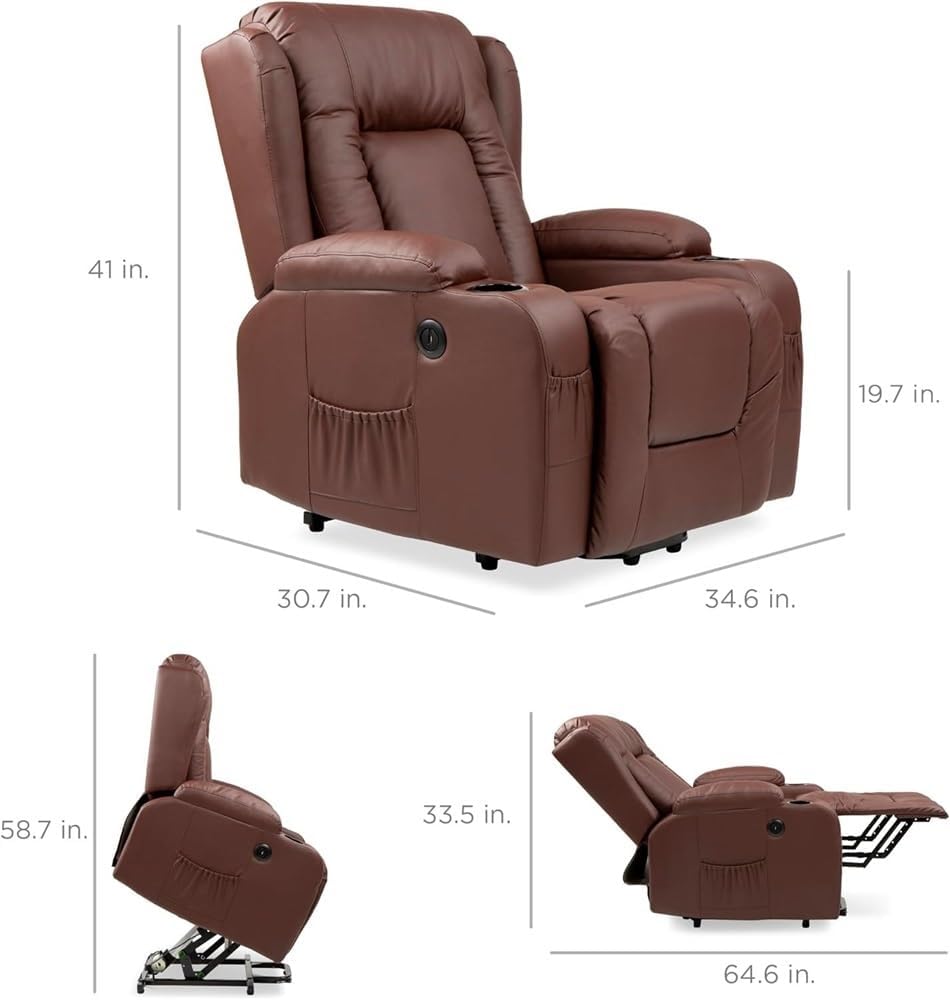 Power Lift Recliner Chair for Elderly, PU Leather Electric Recliner with Massage and Heat, Adjustable Ergonomic Lounge Sofa, Home Theater Seating with Remote Control