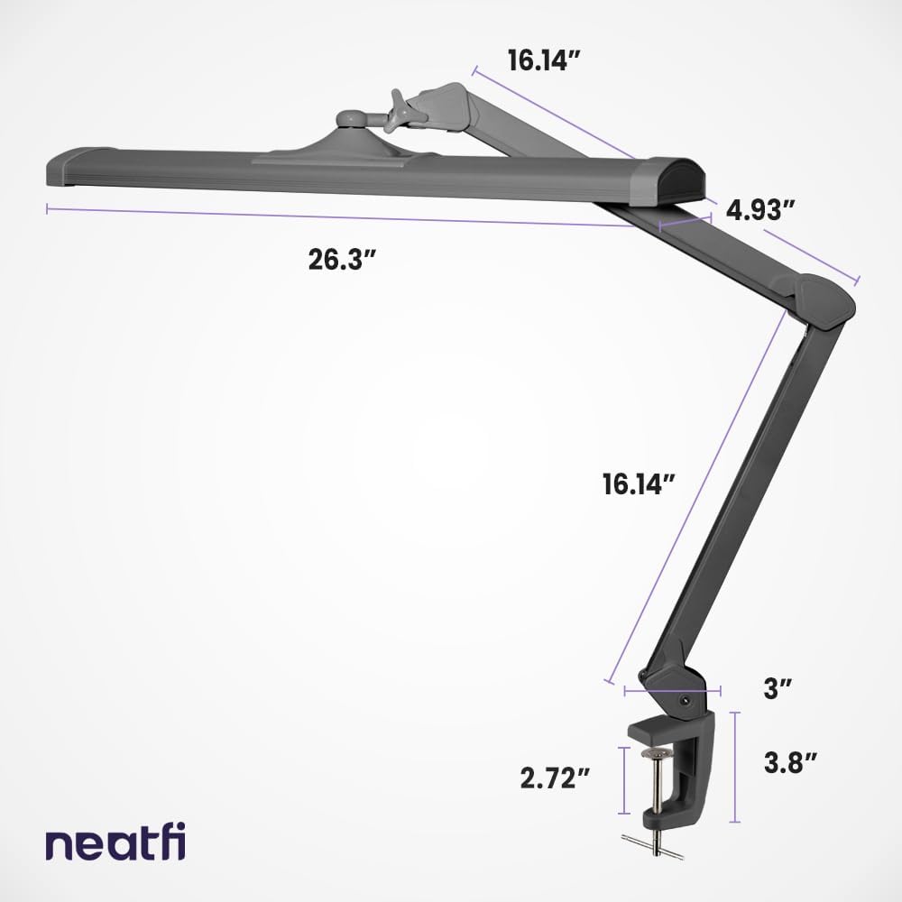 Neatfi 3,500 Lumens LED Desk Lamp – 45W Dimmable Task Light | 3 Light Modes | 540 SMD LEDs | Touch Control | 26-Inch Wide Metal Shade | Reading, Craft, Workbench & Office (CCT with Clamp, Silver)