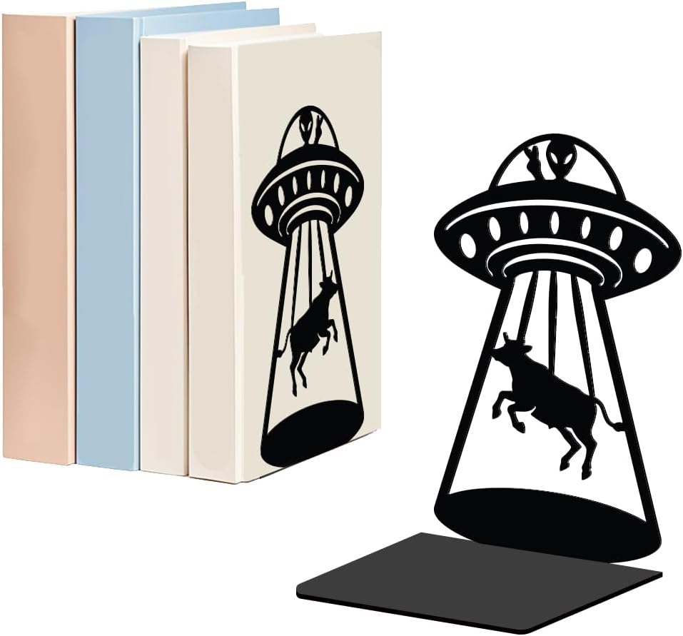 WADORN 1 Pair Alien UFO Cow Metal Decorative Bookend for Shelves, Heavy Duty Book Ends Modern Non-Skid Books Holder Stand Black Book Support Stoppers for Desk Bookshelf Office Home, 5.3x4.3x7.8 Inch