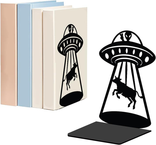 WADORN 1 Pair Alien UFO Cow Metal Decorative Bookend for Shelves, Heavy Duty Book Ends Modern Non-Skid Books Holder Stand Black Book Support Stoppers for Desk Bookshelf Office Home, 5.3x4.3x7.8 Inch