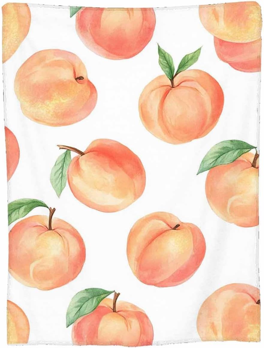 Mugod Peach Throw Blanket Watercolor Hand Drawn Peaches Seamless Pattern Decorative Soft Warm Cozy Flannel Plush Throws Blankets for Bedding Sofa Couch 50 X 60 Inch