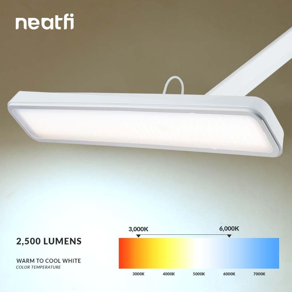 Neatfi XL 2,500 Lumens 30W LED Task Lamp – 22” Wide Shade | 324 SMD LEDs | 5 Light Modes | 3000K–6000K | Dimmable | Eye-Caring Desk Light for Home, Office (CCT with Base, White)