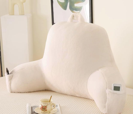 Back Pillow for Bed Sitting Up,Large Backrest Reading Pillow with Arm Rest,Back Rest Support Cushion for Sitting Up on Couch,Sofa,Floor,Dorm Essentials(White Faux Fur,Standard(17"))