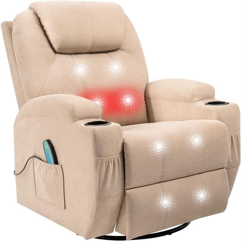 Modern Linen 360 Swivel Rocker Recliner Chair Massage and Heating Ergonomic Lounge Chair Comfortable Padded Single Sofa Recliner for Living Room Home Theater Seating