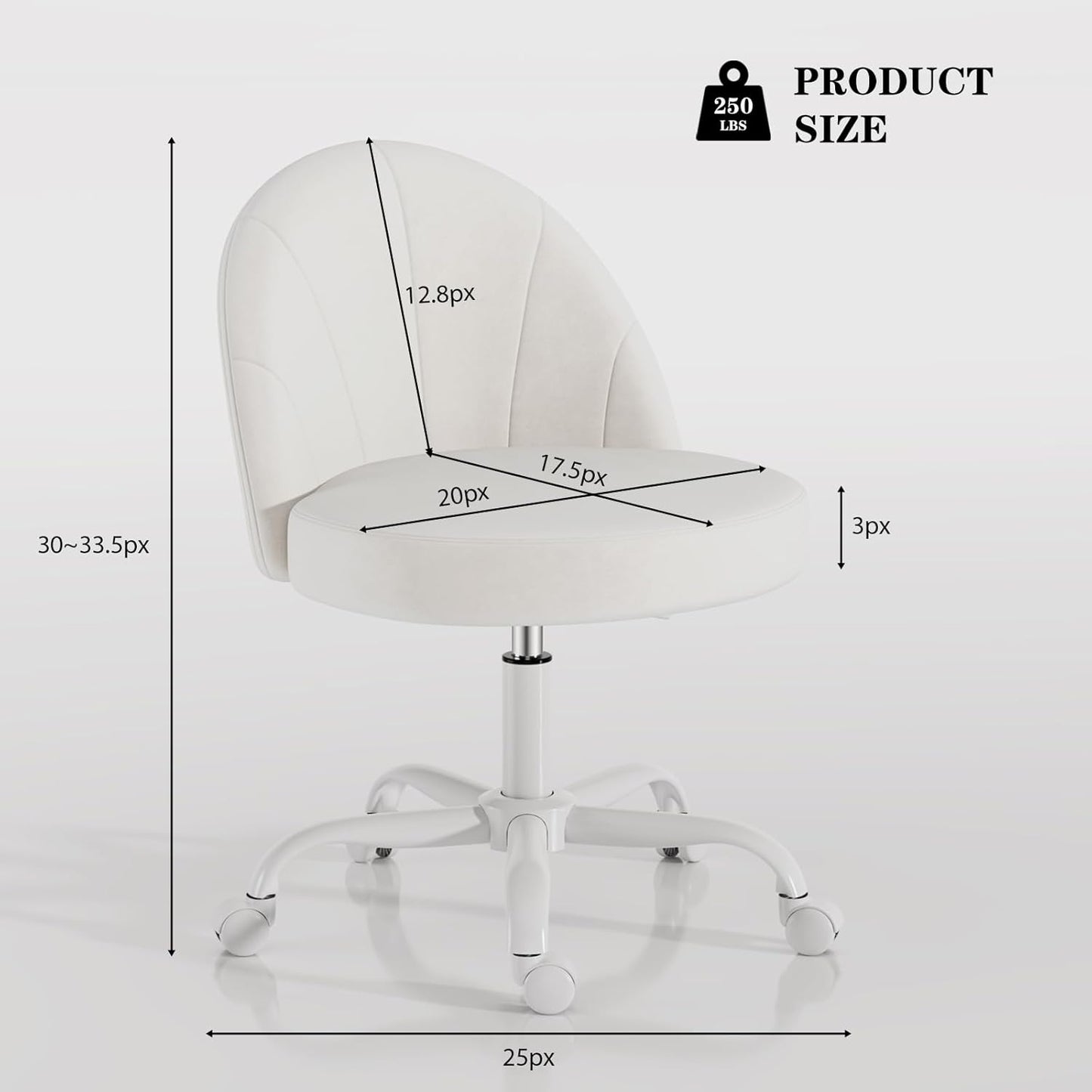 Velvet Vanity Chair with Wheels, Height Adjustable Swivel Makeup Chair, Armless Small Desk Chair for Bedroom/Office/Vanity Table, 250 lbs Capacity (Velvet, White)