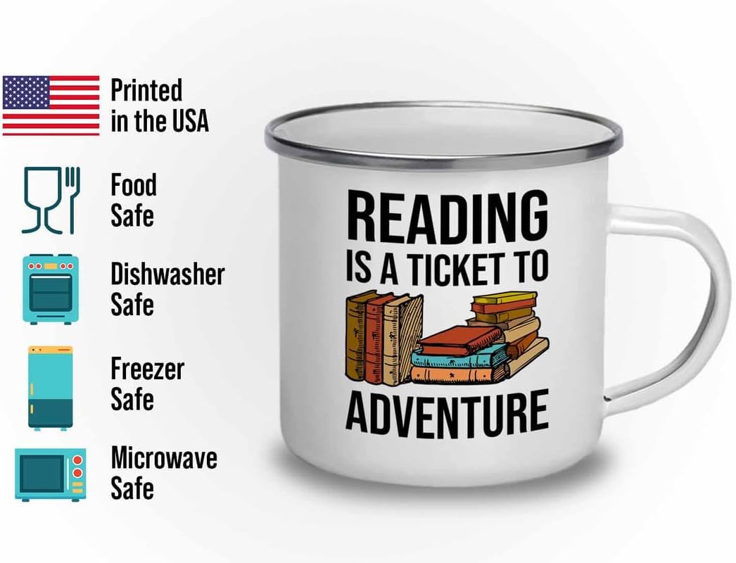 Reading Bookworm Camper Mug 12oz - Reading To The Adventure - Reading Reader Book Worm I Know Things Book Addict Book Lover Bookish Novelist Librarian Writer