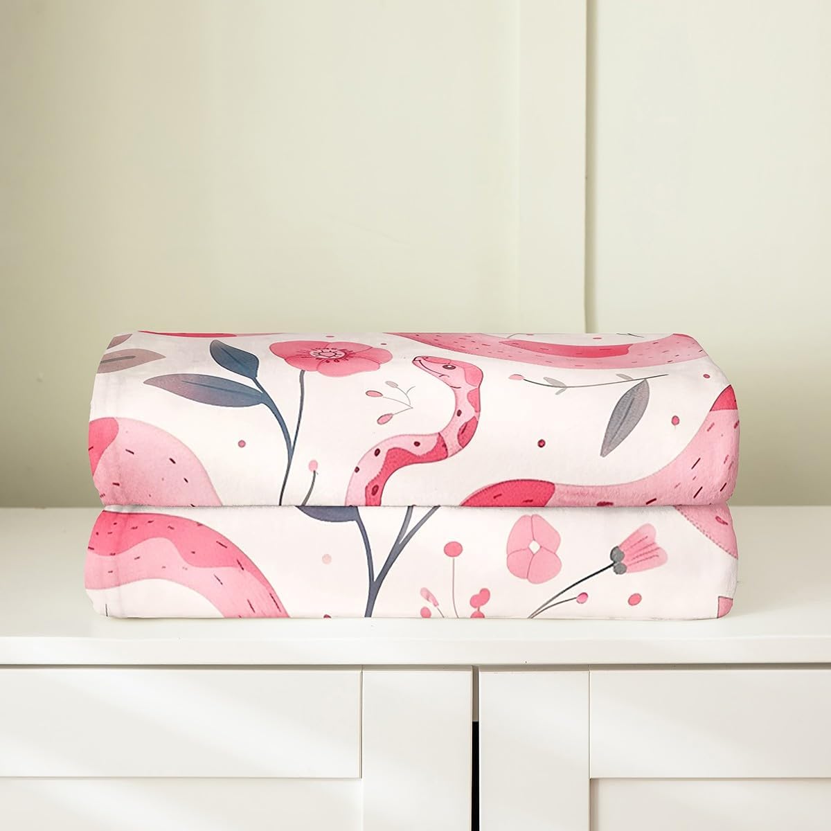 Pink Snake Throw Blanket Watercolor Pink Gray Flowers Decor Bed Blanket for Kids Teens Adults Cute Cartoon Wild Snake Animal Decor Flannel Blanket for Bedroom Throw 50x60