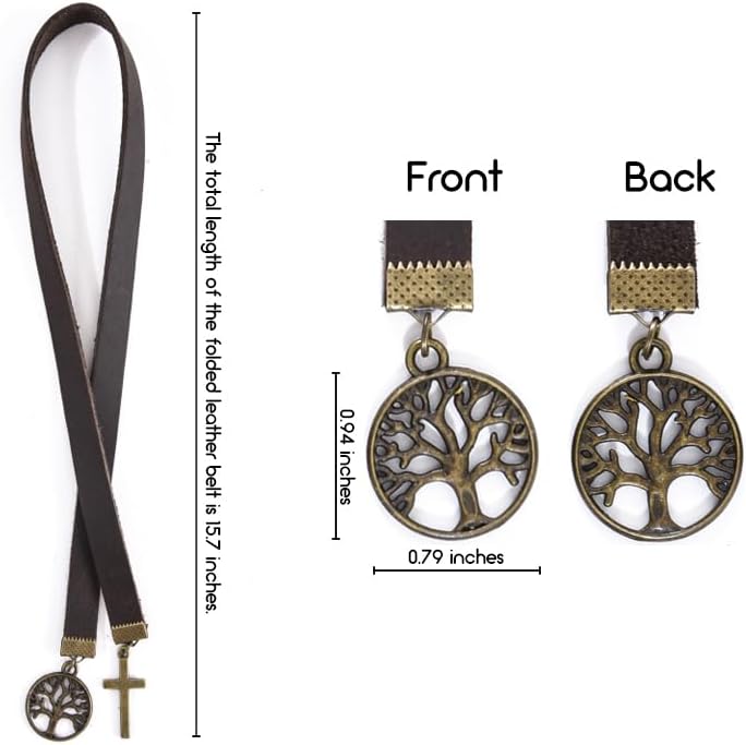 Donxote Handmade Long Leather Straps Bookmark, Tree of Life Bible Bookmarks with Retro Cross, Christian Saint Book Mark, Ideal Catholic Gift (Style 12)