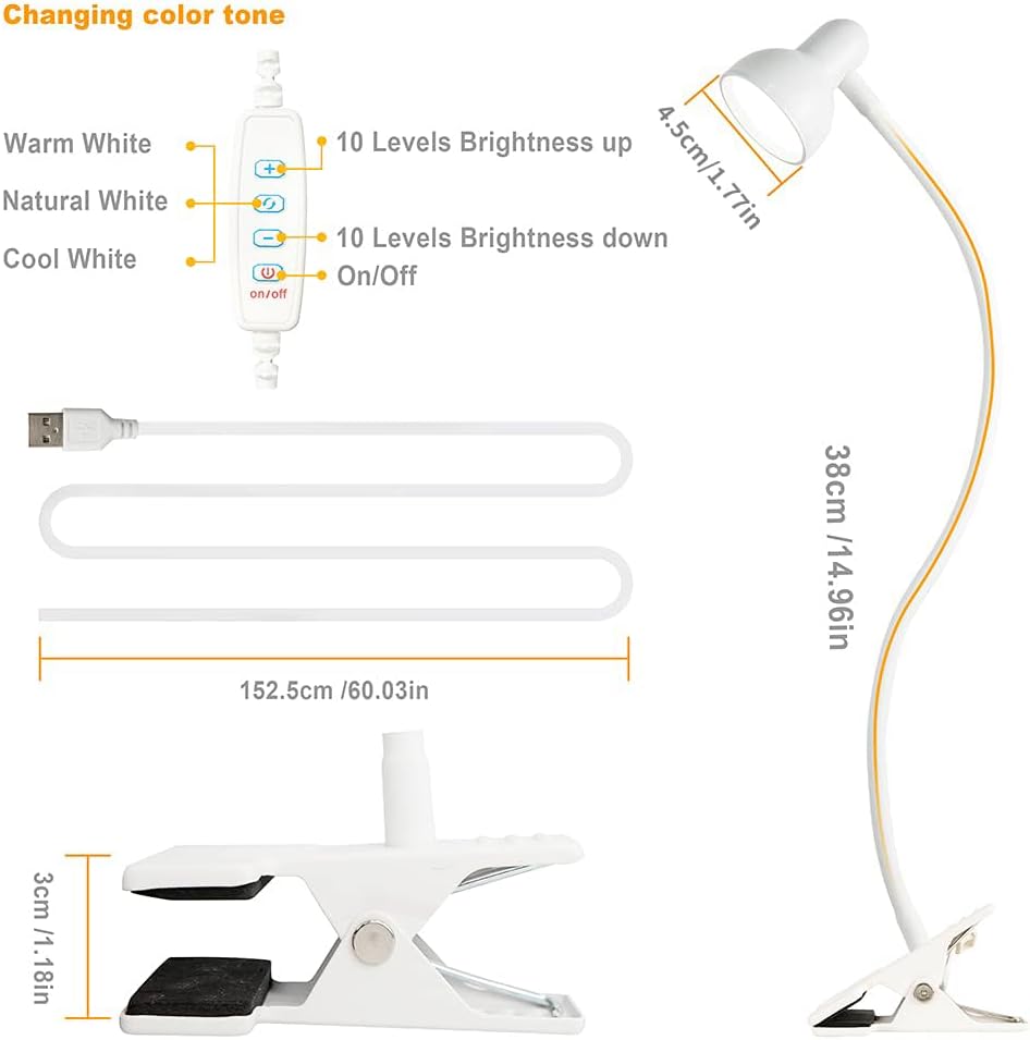 Clip on Lamp USB Reading Light, 3 Color Modes, 10 Brightness Dimmable, 360° Flexible Desk Lamp with Clamp, Eye Care Clip on Light for Bed Desk Headboard Home Dorm White
