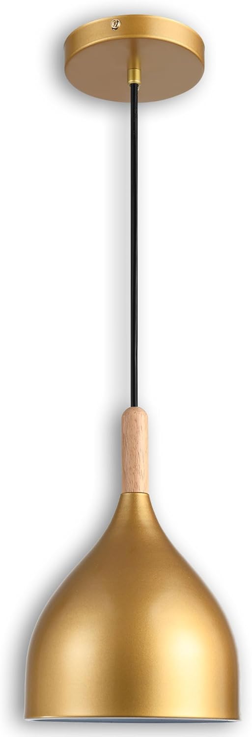 Modern Pendant Light, 6.6"x6.6"x7" Iron Hanging Fixture with Warm Oak Woodgrain, 15"-72" Adjustable Cord, E26 Socket, 4.7" Ceiling Canopy for Dining Area, Bedroom – Golden Oak