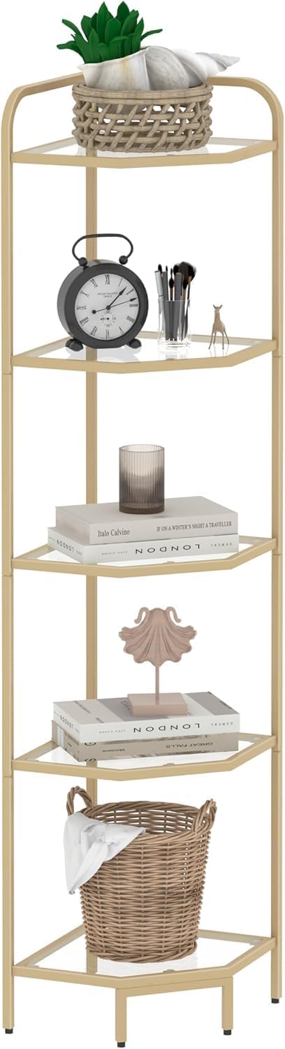 Corner Shelf Stand, 5-Tier Glass Bookshelf Bookcase, Bathroom Organizer, Plant Stand, Steel Frame, Tempered Glass, Modern Style for Living Room, Bathroom, Kitchen, Golden CS90200G