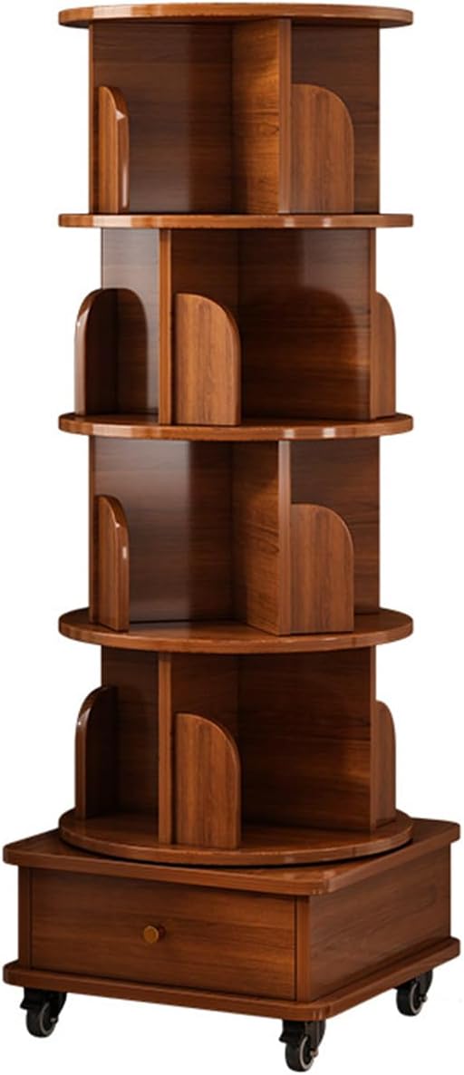 360° Rotating Kids Bookshelf, Stackable Bookcase Tower with Drawer, Adjustable Book Organizer with Brake Wheels for Children's Room, Fun & Functional Storage Solution