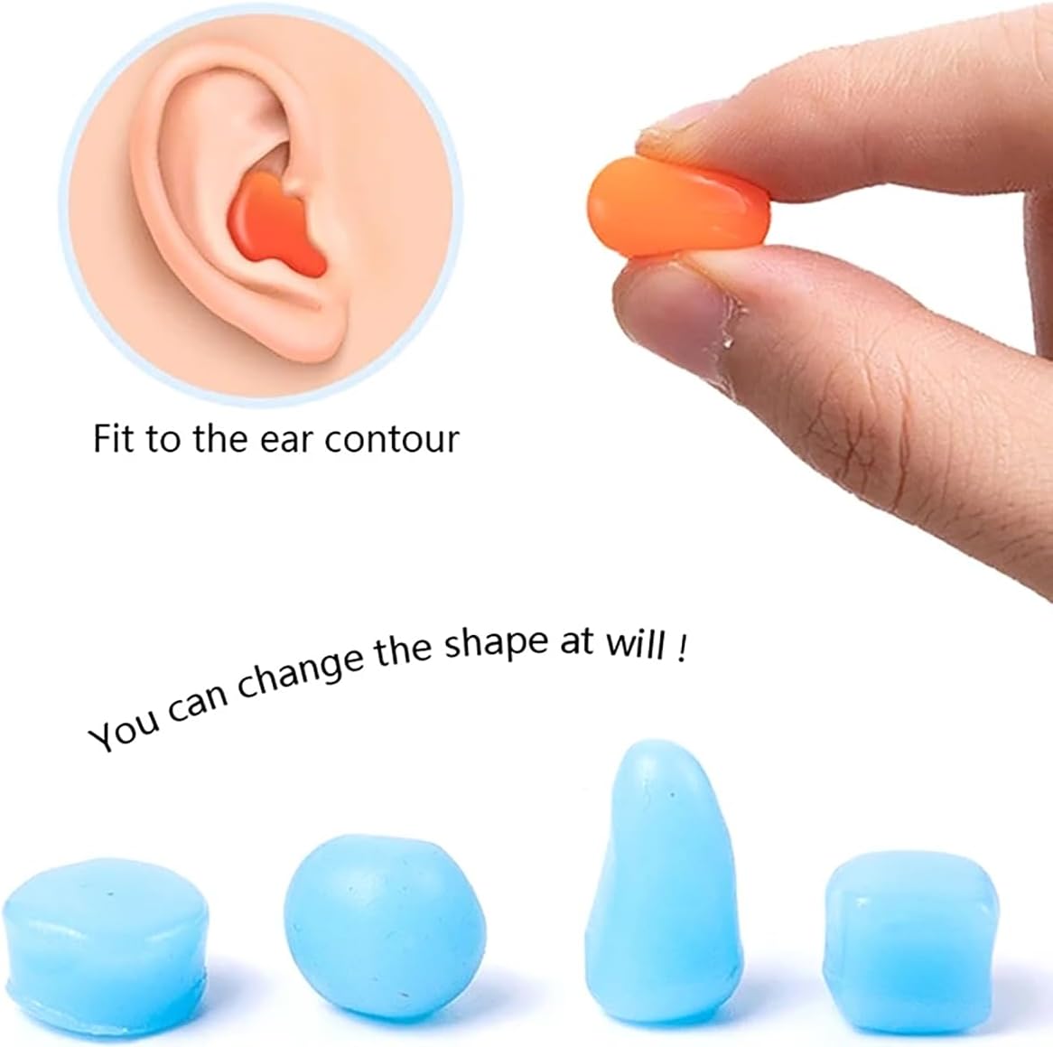 Moldable Silicone Noise Cancelling Earplugs 6 Pairs for Sleeping, Swimming, Shooting,Taking a Plane (Orange, One Size)