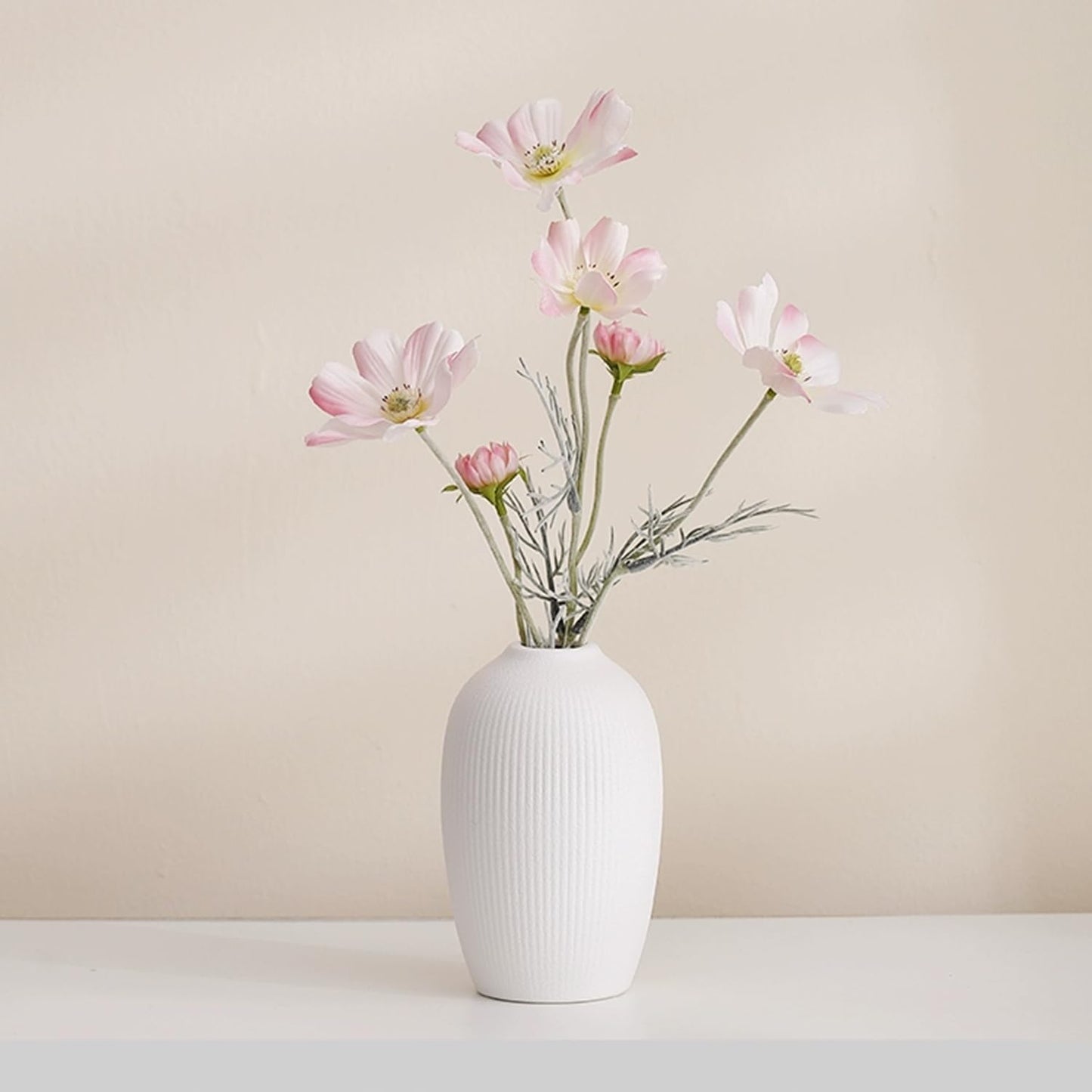 White Ceramic Vase Set of 3 - Small Modern Minimalist Ceramic Bud Vases for Home Decor - Boho Aesthetic Flower Vases for Desk, Shelf & Table, Mantle, Bookshelf (Cute & Versatile) (White)