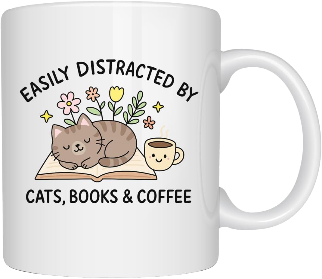 EZCLASSY-Cute Cat Books Coffee Mug – Funny Reading Lover Gift for Women, Cat Moms & Bookworms, Cozy 11oz Ceramic Cup for Home Office