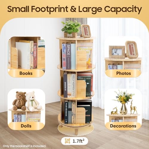360° Pine Wood Rotating Bookshelf - Floor Standing Bookcase Storage Rack for Kids & Adults - Versatile Organizer for Living Rooms, Studies, and Bedrooms
