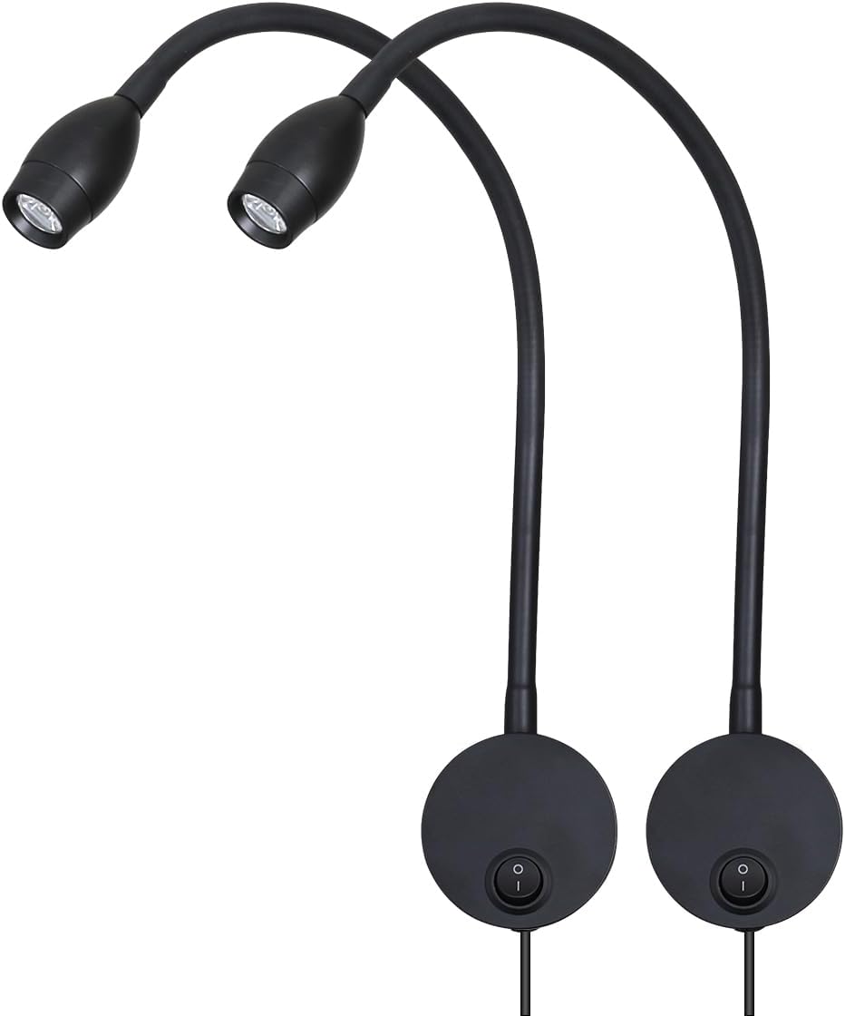 LED Reading Lamp 3W Warm White 3000K for Reading Books Black Plug Cord 2PCS (RS032)
