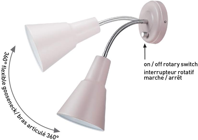 Globe Electric 13064 Sophie 1-Light Plug-in or Hardwire Wall Sconce, Chrome Gooseneck, Matte Rose, 6ft Clear Cord, Bulb Not Included