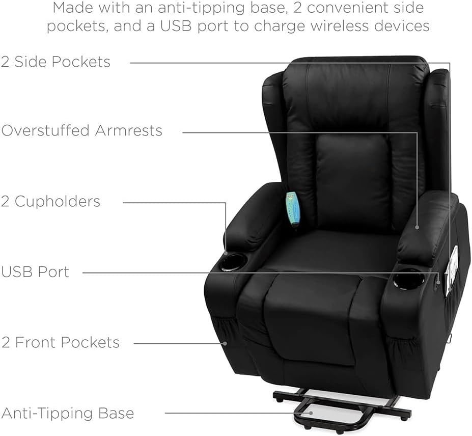 Power Lift Recliner Chair with Heat and Massage, Electric Lift Recliner Chair with USB Ports and Cup Holders, Comfortable Power Recliner Chair for Living Room