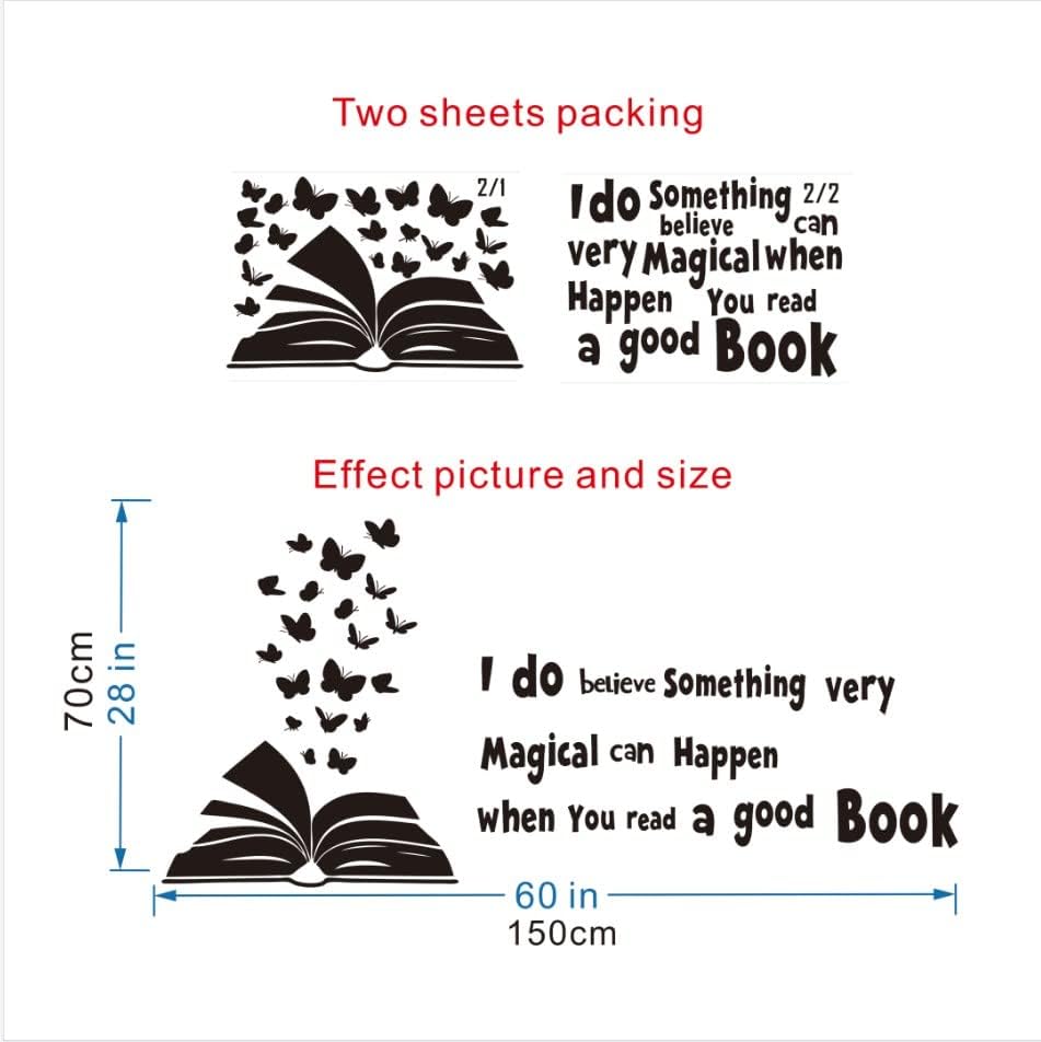 60x28 inches Reading Book Wall Decal Open Book Butterflies Reading Room Quote Wall Decoration I do Believe Something Very Magical can Happen Kids Children Study Bedroom Poster AFN03 (Black)