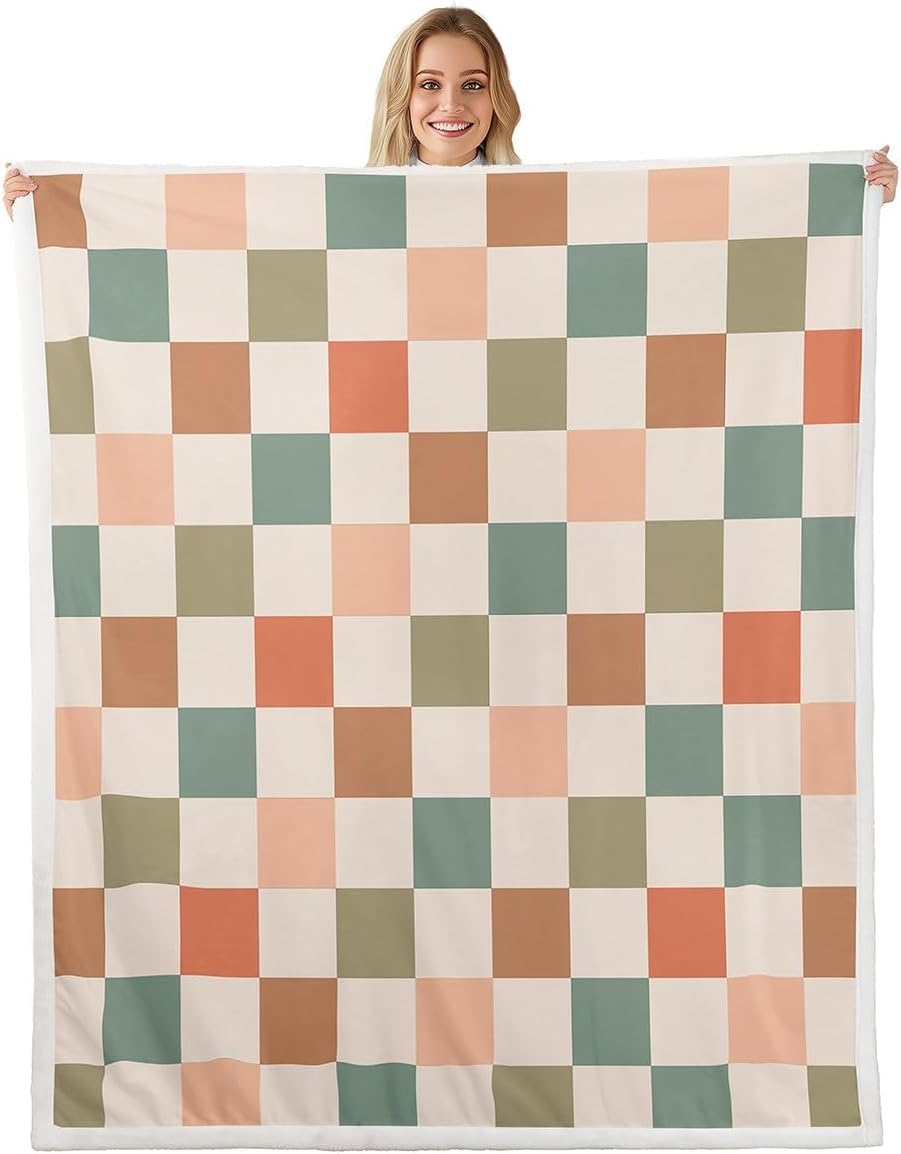 Feelyou Multicolored Checkered Retro Throw Blankets Kids Boys Girls Geometric Vintage Soft Cozy Fleece Blankets 50x60 Inches Ivory White Colorful Fleece Flannel Throws Modern Room Decor