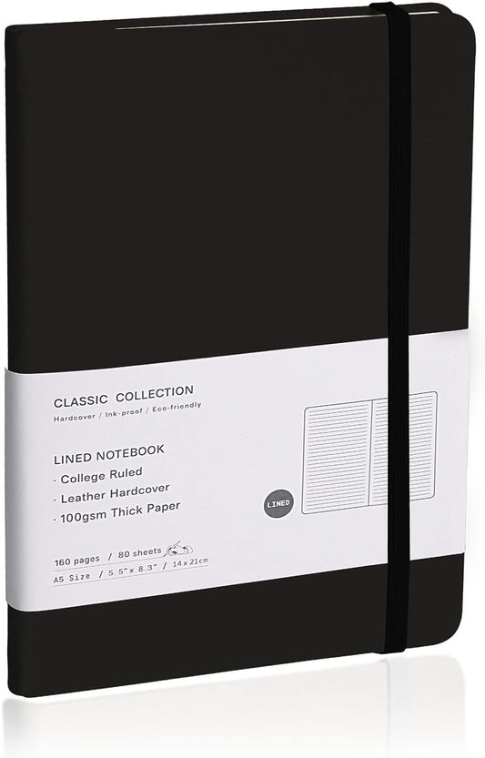Lined Journal Notebook – Hardcover Notebook for Men & Women – Journals for Writing, Work, School, Home & Daily Notes, 160 Pages – Medium A5, 5.7"x8", 100 gsm Thick Paper (Black)