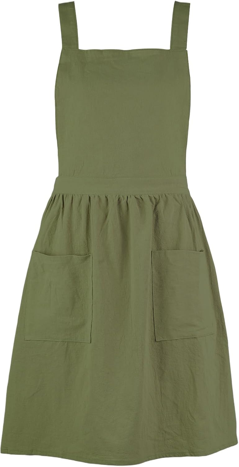 Yolyoo Cotton Linen Pinafore Apron for Women with Pockets Pinafore Dress for Chef Gardening