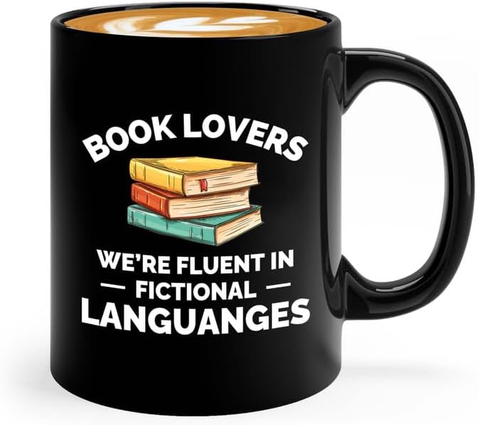 Book Lover Coffee Mug 11oz Black - fluent in fictional - Gift For Poets Bookish People Bibliophile Librarian Book Club Reader
