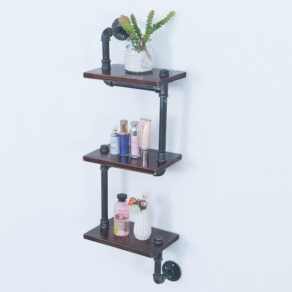 Industrial Pipe Shelving Wall Mounted,11.8in Metal Floating Shelves,Real Wood Book Shelves,Wall Shelf Bookshelf Shelves Bar Shelving(3 Tier)