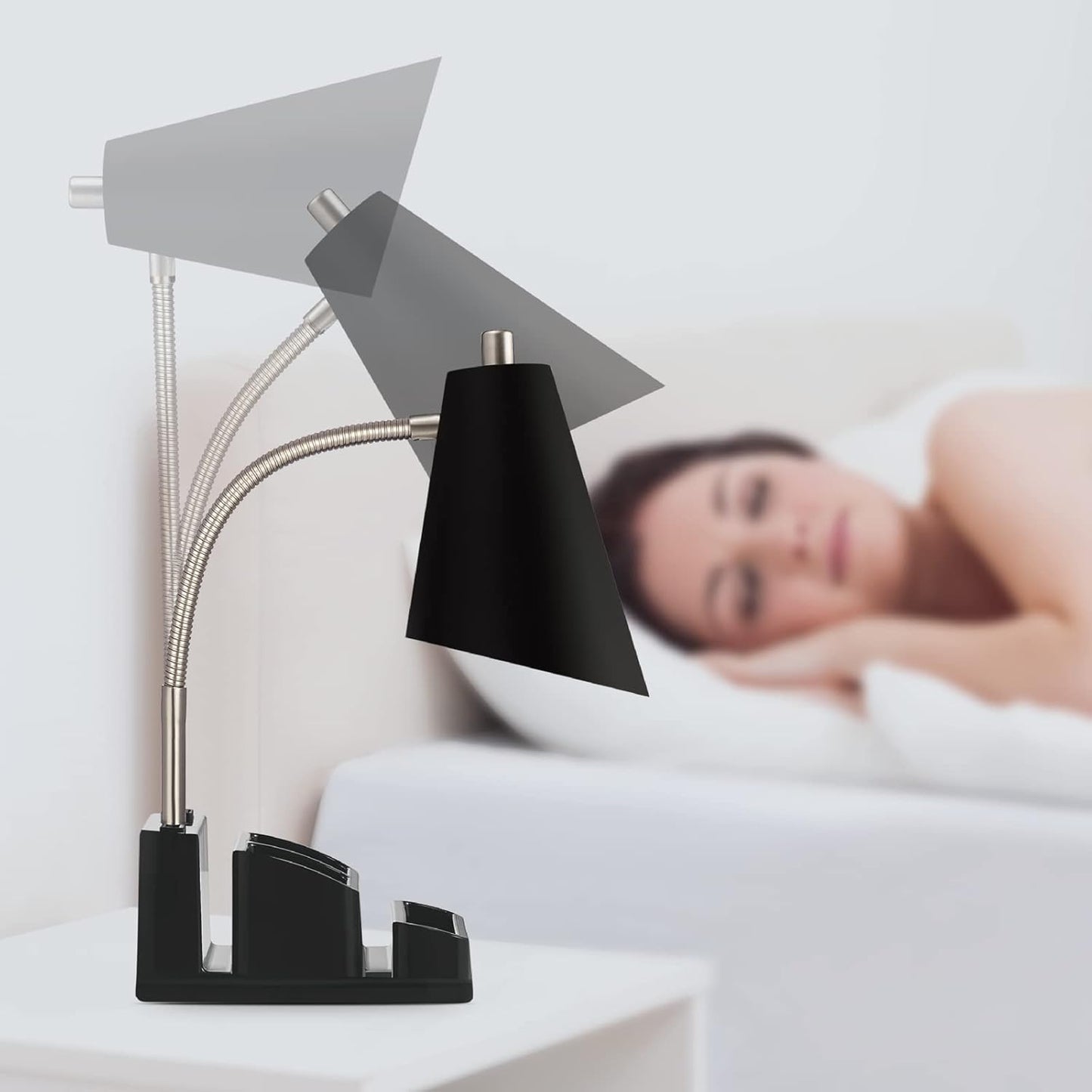USB 충전 포트 1개와 AC 콘센트 1개가 있는 LED 책상 램프, 오거나이저 베이스, 조절 가능한 목, 온/오프 스위치, 독서, 작업, 공부를 위한 현대적인 테이블 램프, 부드럽고 따뜻한 백색광, 눈 보호(블랙)