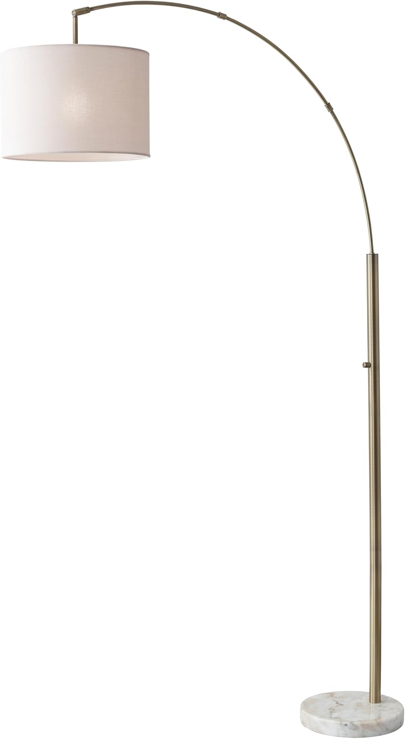 Adesso Arc Floor Lamp with Marble Base and Off-White Linen Lampshade – Adjustable Overhead Bedroom, Home Office Lighting, or Living Room Decor, 73.5” x 48”