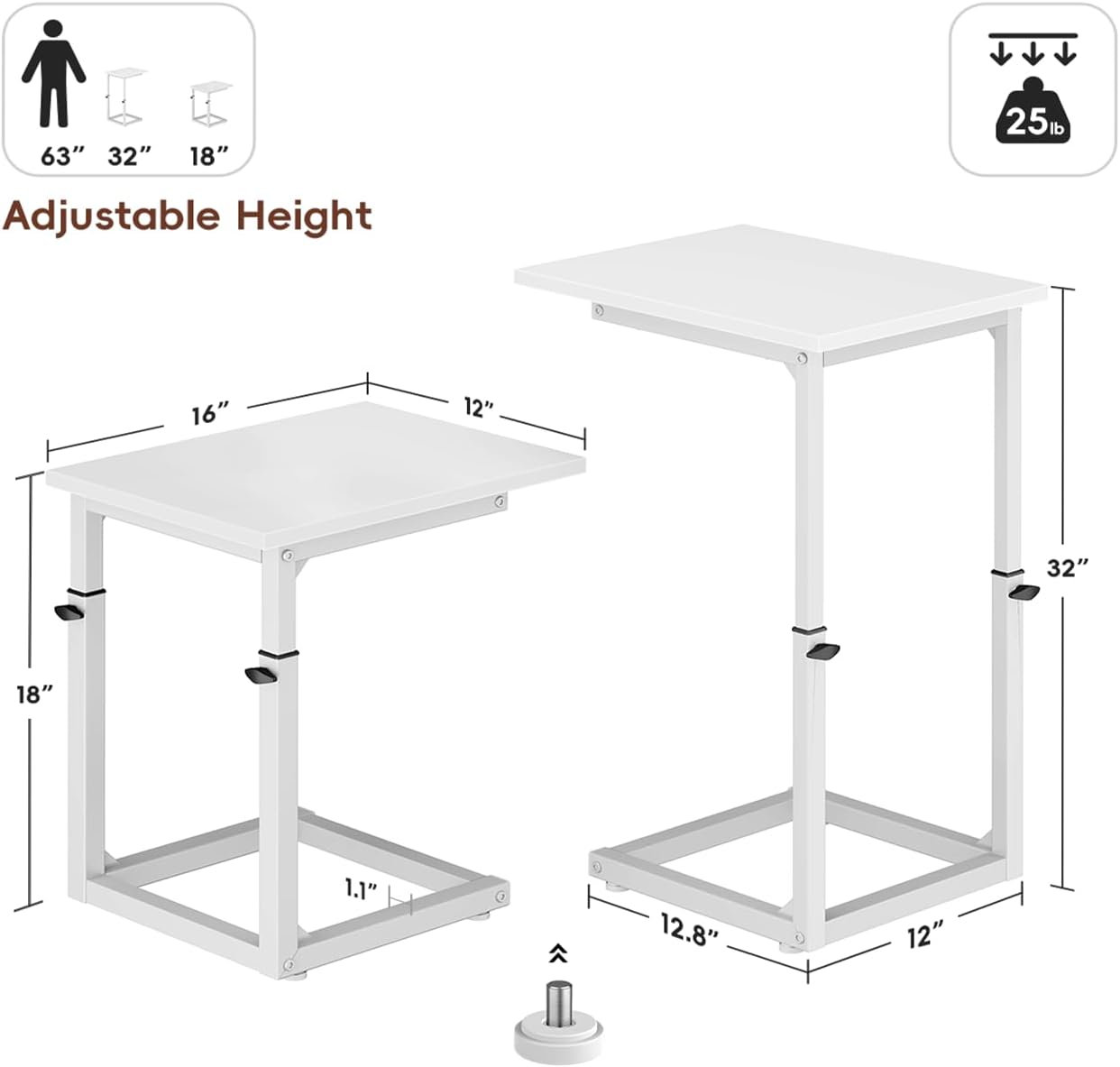 Vagusicc C자형 엔드 테이블, 높이 조절 가능한 83.8cm(33인치) C 테이블 엔드 테이블, 소파용 작은 사이드 테이블, 작은 공간을 위한 TV 트레이 테이블, 아래로 미끄러지는 소파 테이블, 거실, 침실용 소파 테이블, 화이트