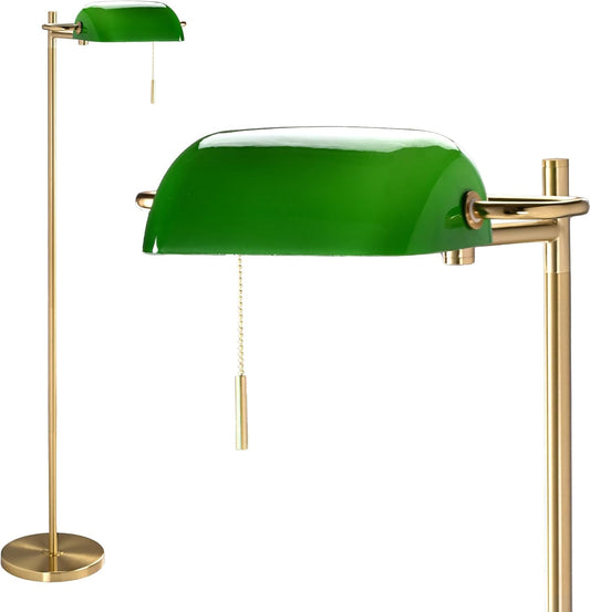 Vintage Modern Bankers Reading Floor Lamp, Gold Metal Standing Lamp with Adjustable Swing Arm, Swivel Lampshade and Pull Chain for Living Room, Reading Nook, Office, Bedroom