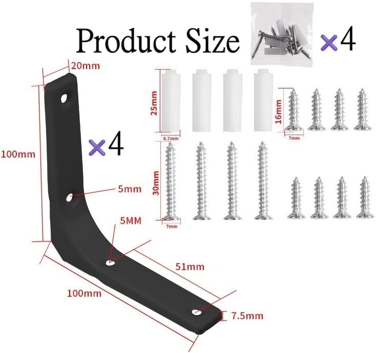 4 Inch Black Shelf Brackets, Set of 4, Minimalist Heavy-Duty Metal L Brackets for Wall Mounted Floating Shelves, Modern Decorative Corner Brace for DIY Bookshelf, Kitchen (4x4)