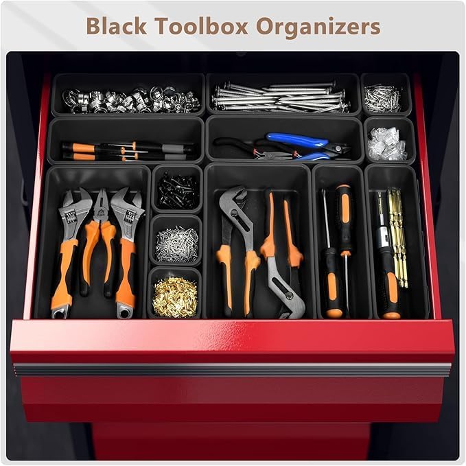 A-LuGei 【𝟲 𝗦𝗜𝗭𝗘】 Tool Box Organizer【Fits 100+ Tools】 Black Garage Organization and Storage Tray Divider Set, Desk Drawer Organizer, Toolbox for Rolling Tool Chest Cart WorkBench Small Part