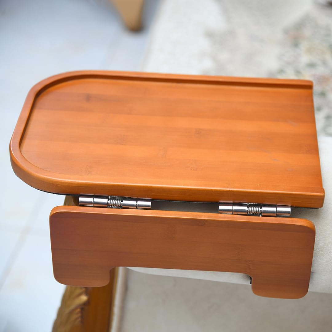 Premium Bamboo Sofa Arm Tray Table -Wooden Couch Arm Tray & Clip-on Sofa Tv tray -Non-Slip Couch Armrest table Caddy For Drinks, Snacks & Dinners -Foldable & Flexible for different Sofa Armrest Shapes