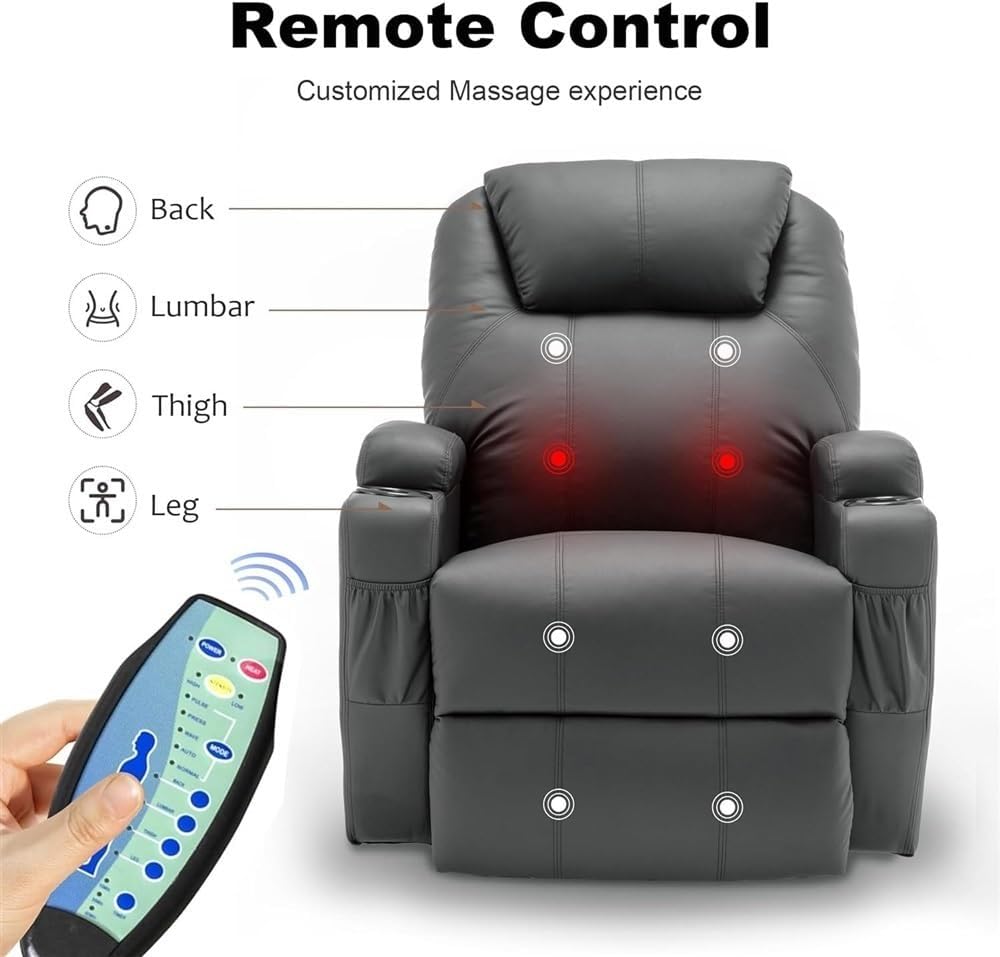 Lazy Power Recliner Chair for Adults with Heat and Massage, 360° Swivel Rocking Recliner with Remote Control and Cup Holder, Comfortable Seating for Home Theater