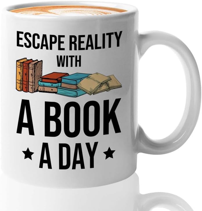 Reading Coffee Mug 11oz White - Escape Reality With a Book - Reader Gift Book Addict Book Lover Bookish Appreciation For Friend Novelist Writer Librarian Bookworm